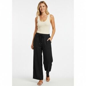 Linen Blend Drawstring Pants Gap L Black Wide Leg Pull On Coastal Resort
